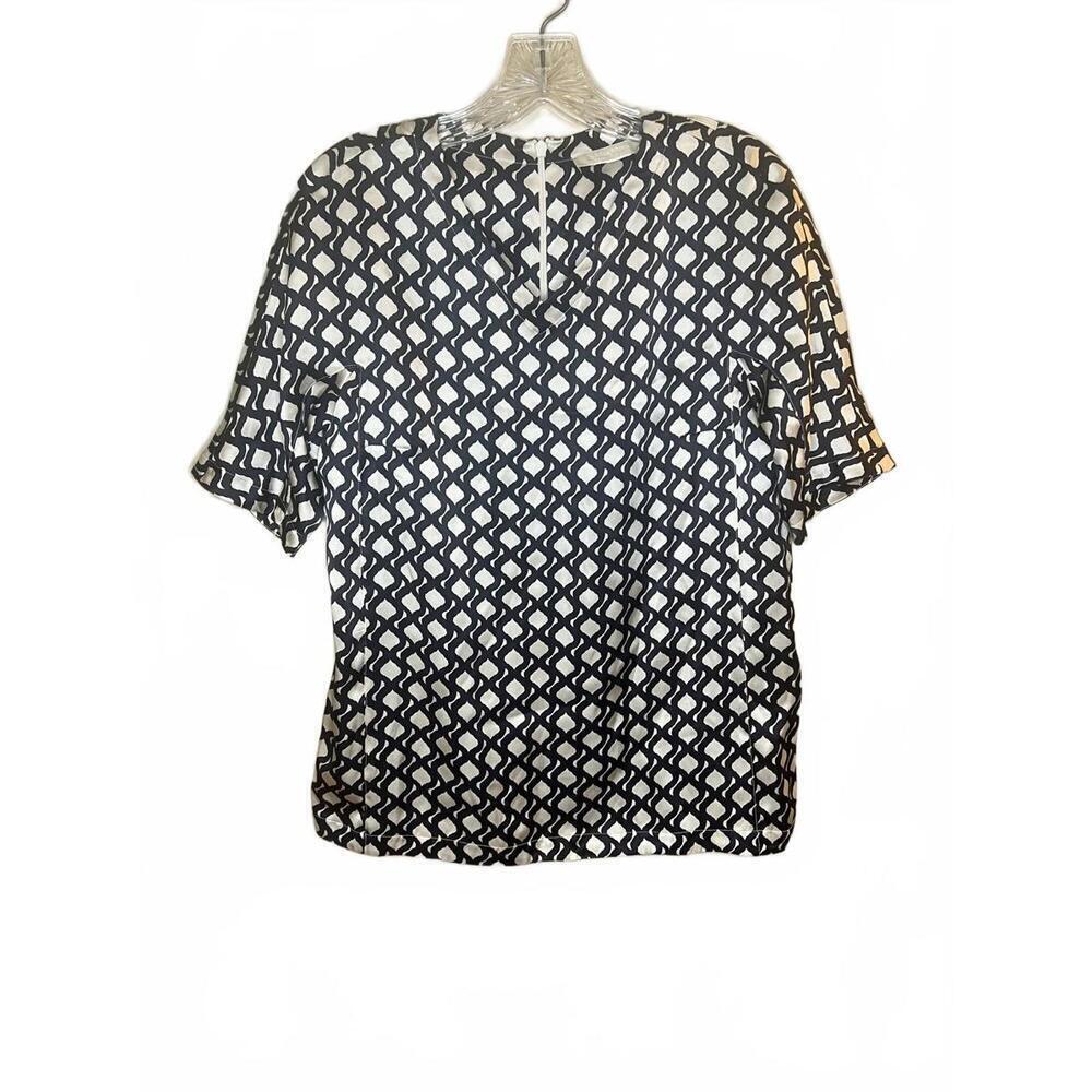MaxMara S Black and White Patterned V Neck Short Sleeve Silk Blouse Size Small